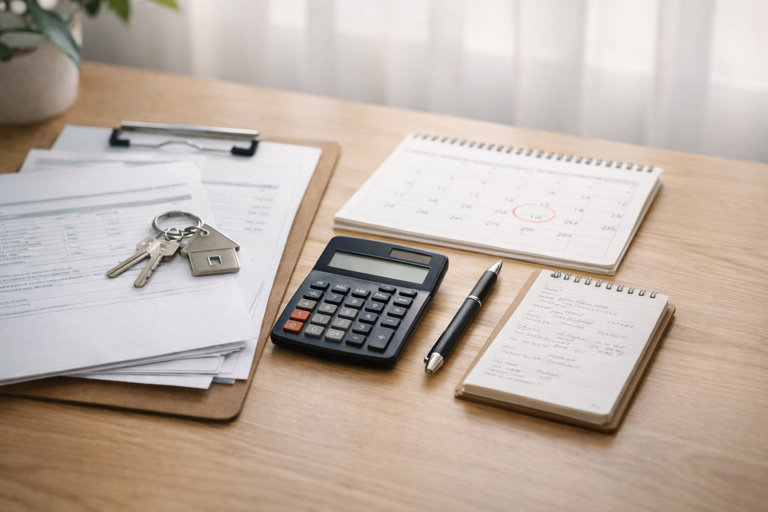 정리된 금융 메모와 계산 도구를 통해 대출 계획을 세우는 모습