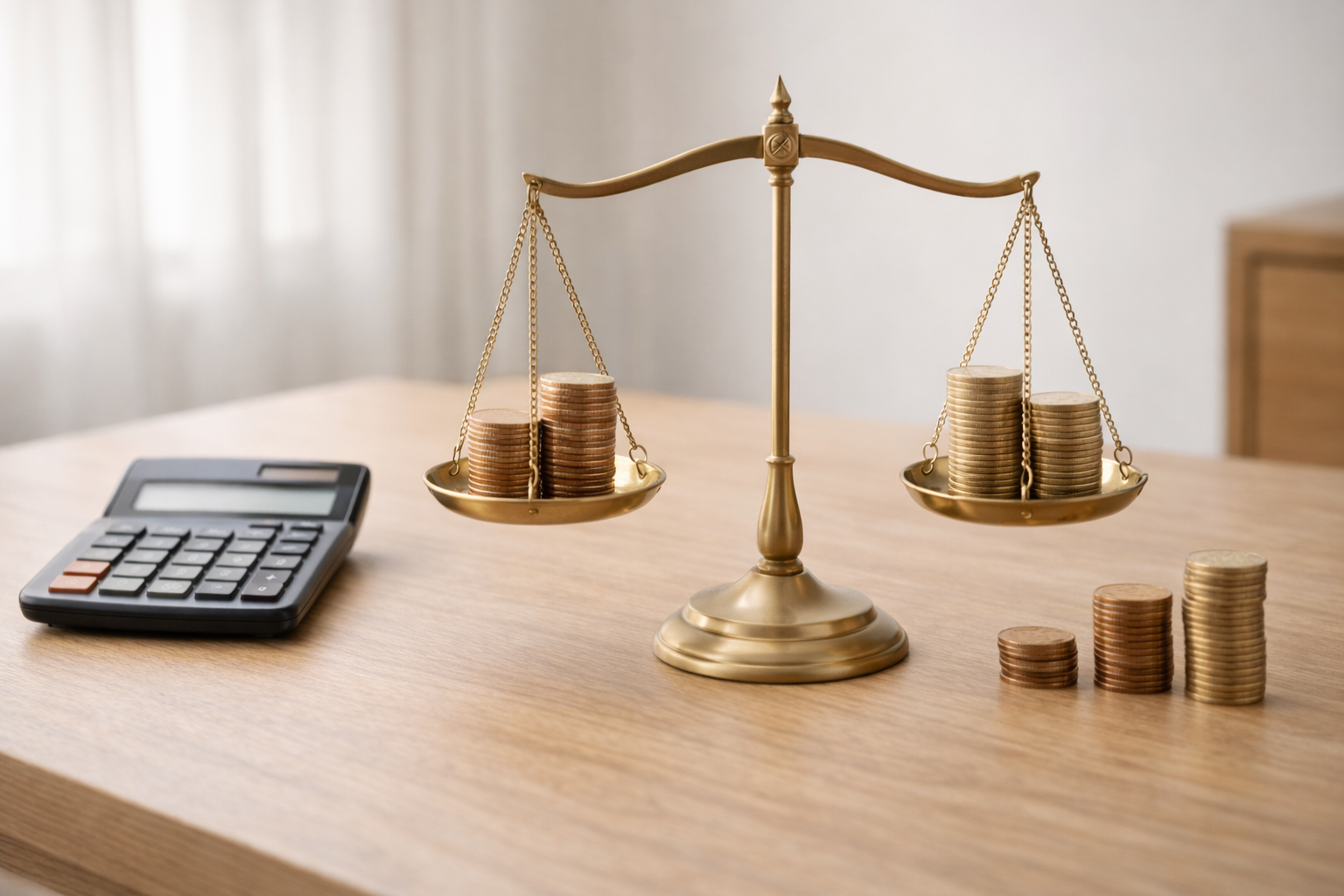 균형 잡힌 저울과 금융 도구를 활용한 상환 구조 상징 이미지